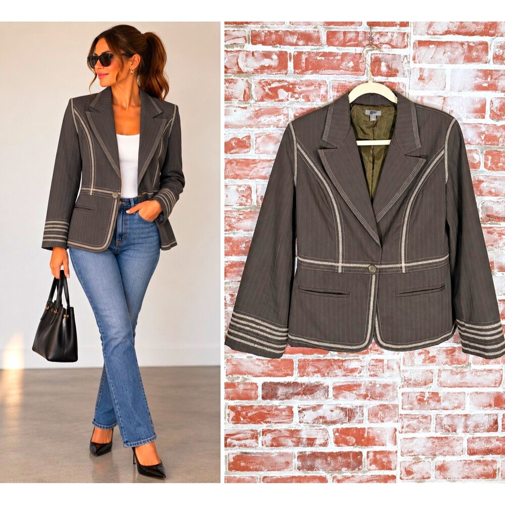 J. Jill Herringbone Military Twill Olive Green Fitted Blazer Single-Breasted  8